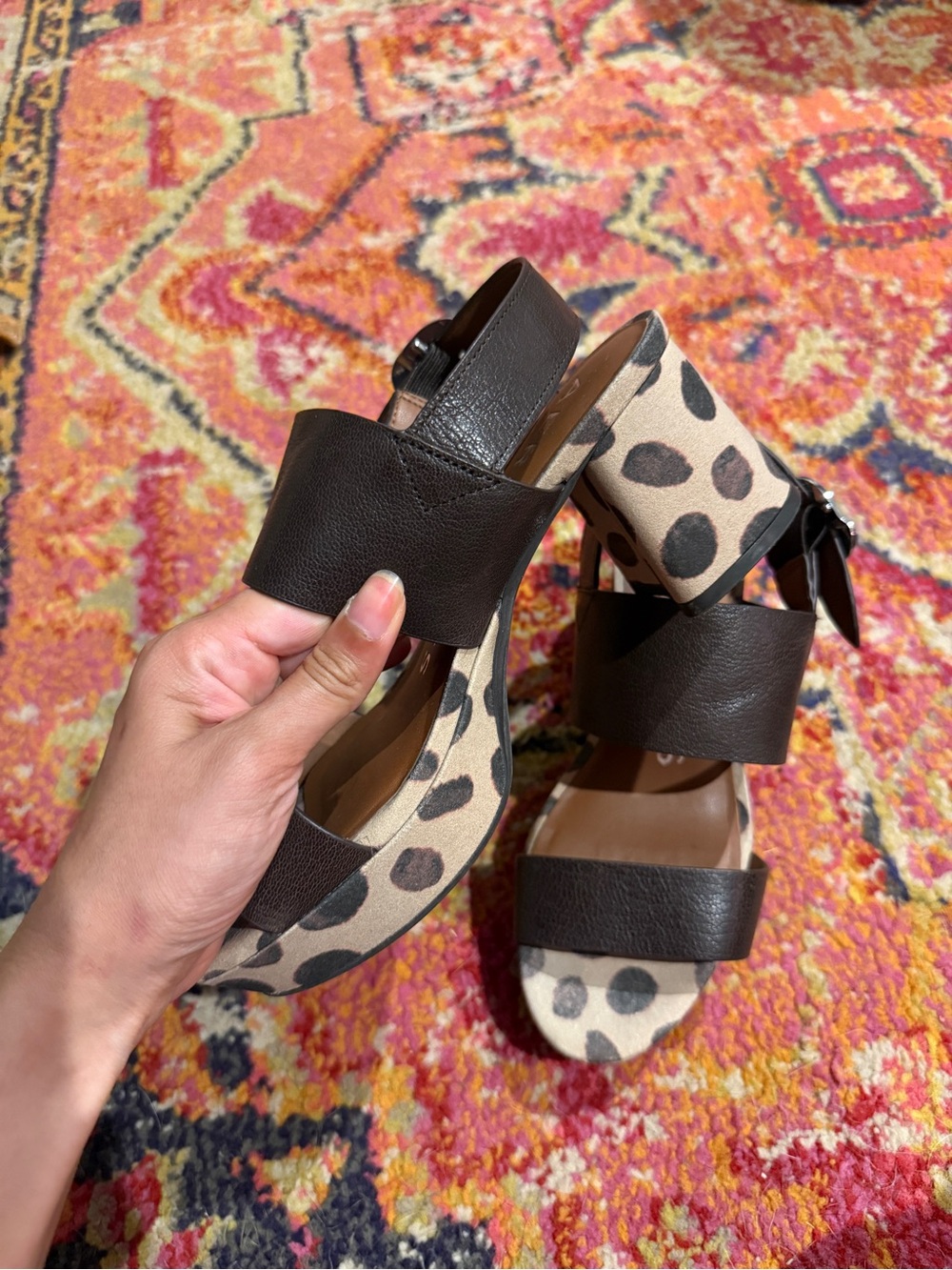 AEROSOLES Dark Brown Two-Strap Sandals with Polka Dot Insole - Picture 2 of 3